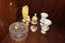 A WATERFORD CRYSTAL LIDDED BOWL TOGETHER A PAIR OF SYLVAC VASE, PALLASY ETC. (7)