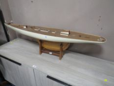 A MODERN WOODEN POND YACHT ON STAND L 126 cm