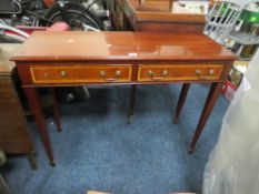 A REPRODUCTION MAHOGANY TWO DRAWER CONSOLE TABLE H 79 cm, W 104 cm, A/F