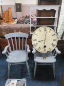 A PAIR OF PAINTED ARM CHAIRS, PAINTED WALL RACK AND A MODERN CLOCK (4)