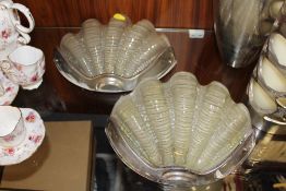 A PAIR OF ART DECO GLASS AND CHROME EFFECT SHELL SHAPED WALL LIGHT FITTINGS