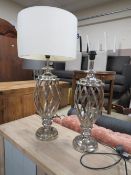 A LARGE PAIR OF MODERN CHROMED TABLE LAMPS - ONE SHADE, OVERALL H 84 cm