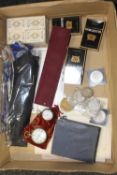 A TRAY OF COLLECTABLES TO INCLUDE A SILVER FOB WATCH, COINS ETC