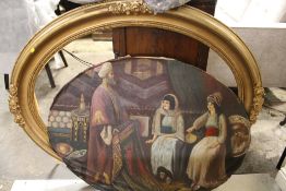 A LARGE OVAL GILT FRAMED OIL ON CANVAS LAID ON BOARD DEPICTING AN EASTERN INTERIOR SCENE WITH