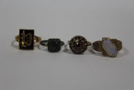 A HALLMARKED 9 CARAT GOLD GARNET CLUSTER RING (MINUS ONE STONE) TOGETHER WITH THREE OTHER RINGS (4)