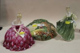 A VINTAGE ROYAL DOULTON WALL POCKET A/F, TOGETHER WITH TWO ROYAL DOULTON FIGURES - VICTORIA HN