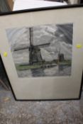 A FRAMED AND GLAZED COLOURED ETCHING DEPICTING A WINDMILL SIGNED HANS FIGURA