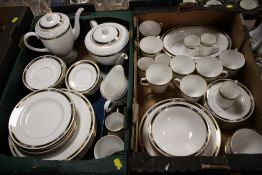 TWO TRAYS OF ROYAL WORCESTER 'RAFFLES' PATTERN TEA AND DINNERWARE TO INCLUDE TEA AND COFFEE POTS,