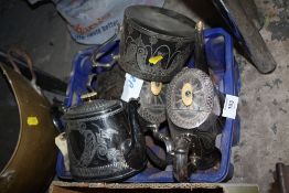 A BOX OF SILVER PLATED TEAPOTS ETC. TOGETHER WITH A COPPER HELMET SHAPED COAL BUCKET