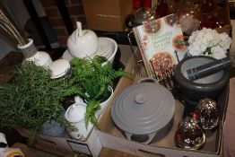 TWO BOXES OF MODERN EX SHOW HOME KITCHENALIA TO INCLUDE A TWIN HANDLED COOKING POT, PESTLE AND