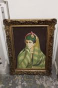 A LARGE GILT FRAMED OIL ON CANVAS PORTRAIT STUDY OF AN EASTERN LADY SIGNED INDISTINCTLY LOWER LEFT