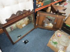 A VINTAGE OAK MIRRORED HANGING HAT / COAT STAND, W 91 cm, TOGETHER WITH AN EDWARDIAN MAHOGANY MIRROR