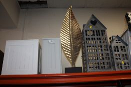 TWO MODERN DECORATIVE CANDLE HOLDERS TOGETHER WITH A LARGE MODERN LEAF ORNAMENT AND WOODEN STORAGE
