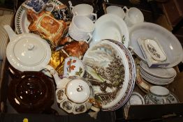 TWO TRAYS OF ASSORTED CHINA AND CERAMICS TO INCLUDE PORTMEIRION, WEDGWOOD ETC.