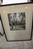 A FRAMED AND GLAZED COLOURED ETCHING DEPICTING RICHMOND ON THAMES SIGNED HANS FIGURA