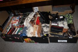 THREE TRAYS OF LADIES CLOTHING ACCESSORIES TO INCLUDE HANDBAGS, SILK SCARVES AND PURSES