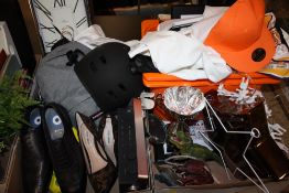 TWO BOXES OF MODERN EX SHOW HOME SUNDRIES TO INCLUDE RADIO, STEVE MADDEN SHOES ETC.