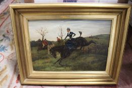 AN ANTIQUE GILT FRAMED OIL ON CANVAS DEPICTING A HUNTING SCENE