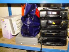 A TECHNICS STACKING STEREO, VCR, SHREDDER AND MODEL RAILWAY SIGNAL CONTROLLER