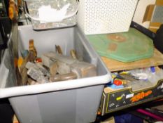 TWO TRAYS OF MIXED TOOLS AND PARTS PLUS A TUB OF SCREWS, CASED DRILL ETC
