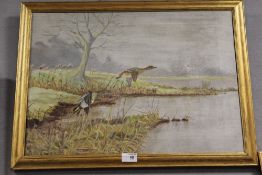 A FRAMED OIL ON CANVAS DEPICTING DUCKS IN FLIGHT OVER WATER SIGNED R. C. HAYWOOD