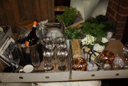 FOUR TRAYS OF MODERN EX SHOW HOME ORNAMENTS AND GLASSWARE TO INCLUDE CLOCKS ETC.