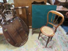 AN OAK DUMB WAITER TRAY ON STAND TOGETHER WITH A TALL CHILDS CHAIR & A CARD TABLE (3)