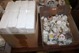 A TRAY OF MINIATURE TEA SETS, TO INCLUDE COALPORT EXAMPLES TOGETHER WITH A BOX OF BRADFORD