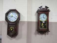 A MODERN 31 DAY WALL CLOCK TOGETHER WITH A MODERN REGULATOR WOOD & SONS WALL CLOCK (2)