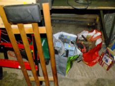 A WORK BENCH, PLATFORM LADDER PLUS A SELECTION OF HAND TOOLS AND PARTS ETC