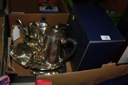 A SILVER PLATED FOUR PIECE TEA SERVICE TOGETHER WITH A BOXED MAPPIN & WEBB COMPORT, SERVING TRAY