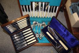 A CASED CANTEEN OF SILVER CUTLERY TOGETHER WITH FISH SERVERS AND A KNIFE AND FORK SET (3)