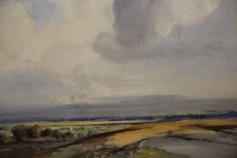 AN UNFRAMED WATERCOLOUR OF AN EXTENSIVE LANDSCAPE SIGNED JOHN WILSON LOWER RIGHT