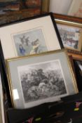 A TRAY OF PICTURES AND PRINTS TO INCLUDE DECOUPAGE PICTURES, NOVELTY GOLF INTEREST PRINTS ETC.