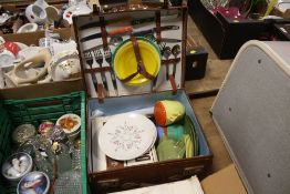 A RETRO LEATHER CASED SMALL PICNIC HAMPER