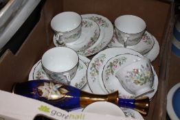 A TRAY OF AYNSLEY WILD TUDOR TRIOS, GILT SHOT GLASS SET