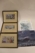 THREE SILK STEVENGRAPH STYLE PICTURES TOGETHER WITH A CHANNEL TUNNEL BOOKLET AND FIRST DAY COVERS
