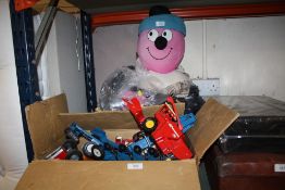 A BOX OF VINTAGE FARM TOY VEHICLES