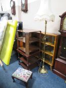 A RETRO SMALL GLAZED BOOKCASE WITH TWO TABLES, STOOL, LAMP ETC