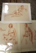 THREE 20TH CENTURY UNFRAMED MOUNTED CRAYON FEMALE NUDE STUDIES