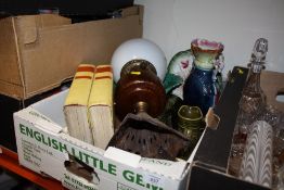 A TRAY OF ASSORTED CERAMICS TOGETHER A VINTAGE OIL LAMP, HOME MANAGEMENT BOOKS ETC.