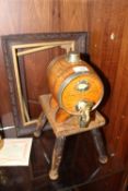 A MINIATURE OAK SPIRIT CASK WITH SILVER PLATED MOUNTS, TOGETHER WITH A SMALL WOODEN STOOL AND A PAIR