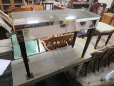 A MODERN MIRRORED TWO DRAWER SIDE TABLE H 75 cm, W 100 cm, D 37 cm