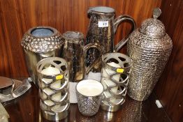 A COLLECTION OF MODERN EX SHOW HOME ORNAMENTS TO INCLUDE VASES, CANDLE HOLDERS AND JUGS