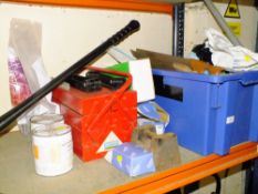 A SELECTION OF TOOLS AND PARTS TO INCLUDE A TOOLBOX TAP FITTINGS, PICK AXE ETC