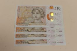 FOUR MODERN CONSECUTIVE NUMBERED £10 NOTES - CH05 957395 - 98