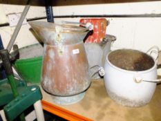 A SELECTION OF METAL CONTAINERS ETC TO INCLUDE AN ENAMELLED TUB