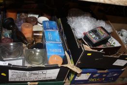 FOUR TRAYS OF ASSORTED CANDLES AND SUNDRIES ETC.