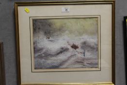 A. GREENWOOD - A FRAMED AND GLAZED IMPRESSIONIST WATERCOLOUR DEPICTING A SEASCAPE WITH ROWING BOAT