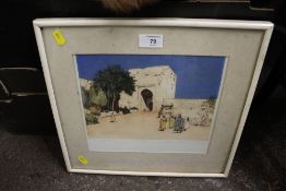 A FRAMED AND GLAZED COLOURED ETCHING OF AN EASTERN STREET SCENE SIGNED EDGAR L PATTERSON IN PENCIL